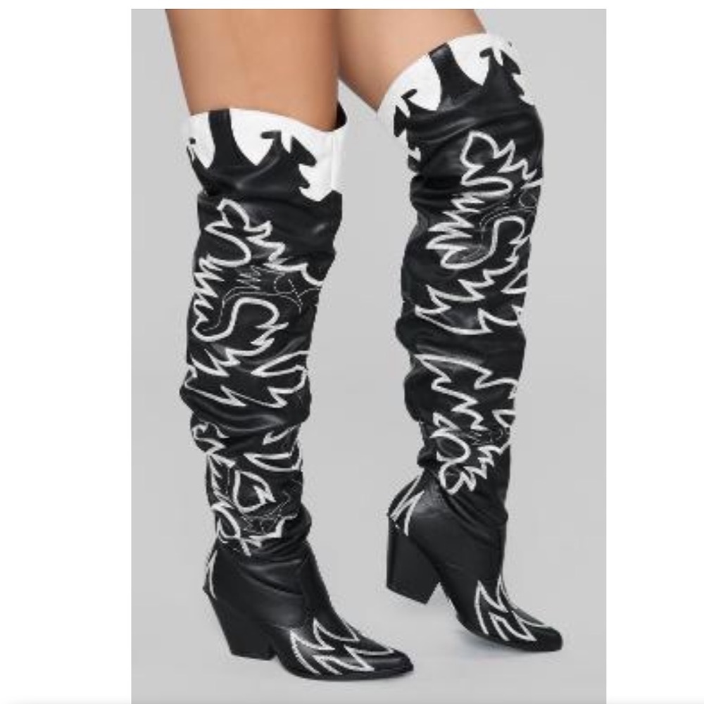 Women's Black & White Embroidered Over-the-Knee Western Boots